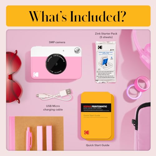 KODAK Printomatic Full-Color Instant Print Digital Camera - Colorful Photos On Zink 2x3" Sticky-Back Photo Paper - 5MP, Portable, Creative Fun Gift for Birthday, Christmas, Holiday - Pink