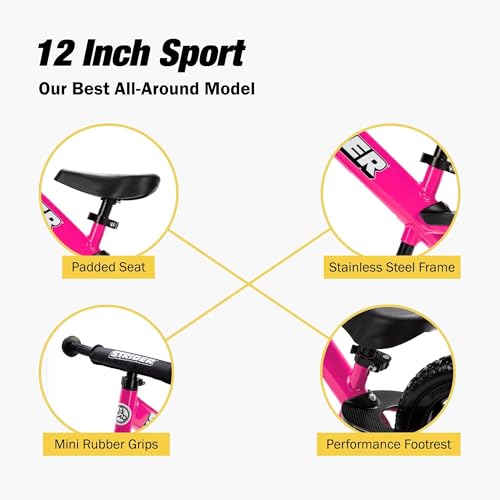 Strider 12” Sport Bike - No Pedal Balance Bicycle for Kids 1 to 4 Years - Includes Safety Pad, Padded Seat, Mini Grips & Flat-Free Tires - Tool-Free Assembly & Adjustments