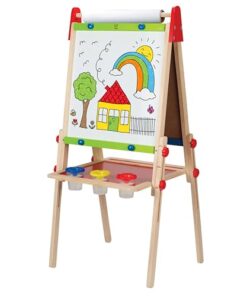 Hape E1010 Magnetic All in 1 Kids Height Adjustable Drawing Dry-Erase Chalkboard Wooden Artist Easel with 3 Paint Pots and Refillable Paper Roll