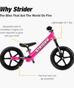 Strider 12” Sport Bike - No Pedal Balance Bicycle for Kids 1 to 4 Years - Includes Safety Pad, Padded Seat, Mini Grips & Flat-Free Tires - Tool-Free Assembly & Adjustments