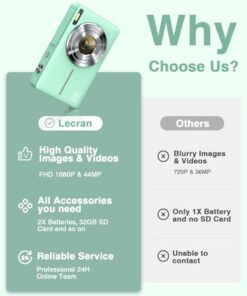 Digital Camera, FHD 1080P Point and Shoot Kids Camera, with 32GB Card, 2 Batteries, 16X Zoom Anti Shake Date Stamp, Compact Portable Small, for Starter Kid Children Teen Student Girl Boy(Light Green)