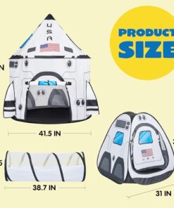 JOYIN White Rocket Ship Pop up Play Tent with Tunnel and Playhouse Kids Indoor Outdoor Spaceship Tent Set