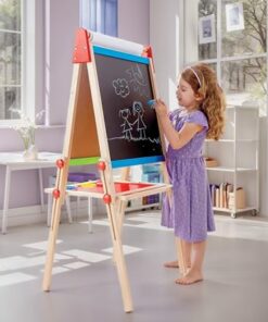 Hape E1010 Magnetic All in 1 Kids Height Adjustable Drawing Dry-Erase Chalkboard Wooden Artist Easel with 3 Paint Pots and Refillable Paper Roll