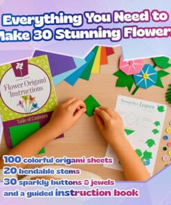 Pinwheel Crafts Flower Origami Kit for Kids Ages 8-12 | 150 Pcs Origami Paper Kit w/Multicolor Folding Papers, Chenille Stems,Buttons and Jewels, Arts and Crafts Paper Book for Kids Ages 6+