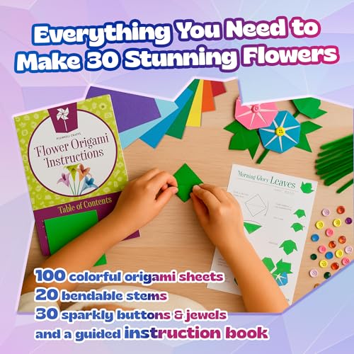 Pinwheel Crafts Flower Origami Kit for Kids Ages 8-12 | 150 Pcs Origami Paper Kit w/Multicolor Folding Papers, Chenille Stems,Buttons and Jewels, Arts and Crafts Paper Book for Kids Ages 6+