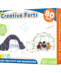 Tiny Land Kids-Fort-Building-Kit-80 Pieces-Creative Fort Toy for 5,6,7,8 Years Old Boy & Girls-STEM Building Toys DIY Castles Tunnels Play Tent Rocket Tower Indoor & Outdoor Playhouse