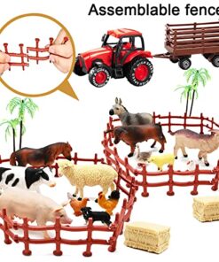 Kimicare 3 Pack Farm Toy Tractor with 40pcs Plastic Farm Animals Figurines and Fence Farm Playset, Farm Figures Farmer Vehicle Toy Truck with Trailer for 3-12 Years Old Kids Boys Girls Toddlers