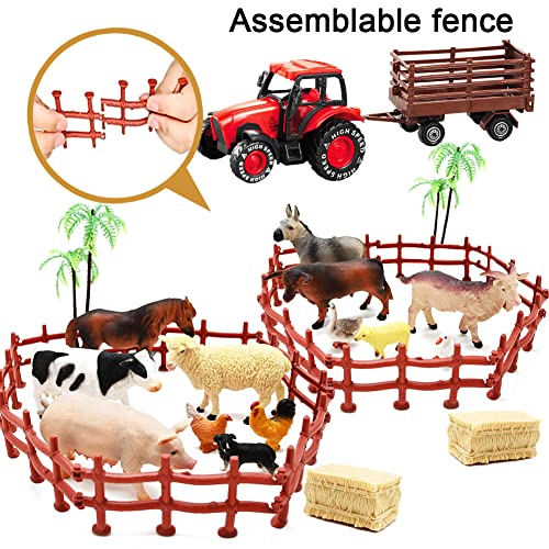 Kimicare 3 Pack Farm Toy Tractor with 40pcs Plastic Farm Animals Figurines and Fence Farm Playset, Farm Figures Farmer Vehicle Toy Truck with Trailer for 3-12 Years Old Kids Boys Girls Toddlers
