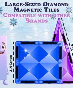 Little Pi 102pcs Frozen Princess Castle Magnetic Tiles Building Blocks - 3D Diamond Blocks, STEM Educational Toddler Toys for Pretend Play, 4 Year Old Girl Birthday Gifts Kids Ages 3 5 6 7 8 - Blue
