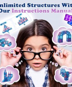 Little Pi 102pcs Frozen Princess Castle Magnetic Tiles Building Blocks - 3D Diamond Blocks, STEM Educational Toddler Toys for Pretend Play, 4 Year Old Girl Birthday Gifts Kids Ages 3 5 6 7 8 - Blue