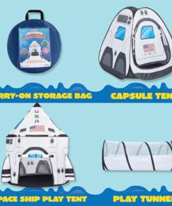 JOYIN White Rocket Ship Pop up Play Tent with Tunnel and Playhouse Kids Indoor Outdoor Spaceship Tent Set