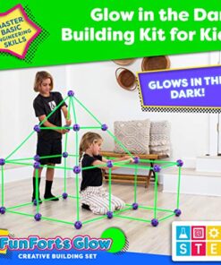 Fun Forts Glow Fort Building Kit for Kids - 81 Pack Glow in The Dark STEM Building Toys Indoor Outdoor Play Tent for Kids Construction Toys with 53 Rods and 28 Spheres