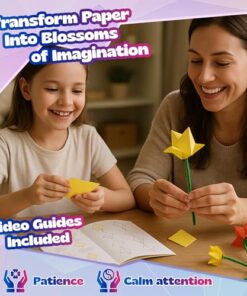 Pinwheel Crafts Flower Origami Kit for Kids Ages 8-12 | 150 Pcs Origami Paper Kit w/Multicolor Folding Papers, Chenille Stems,Buttons and Jewels, Arts and Crafts Paper Book for Kids Ages 6+