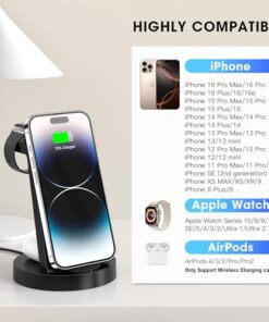 3 in 1 Charging Station for iPhone, Wireless Charger for iPhone 17 16e 16 15 14 13 12 11 X Pro Max & Apple Watch - Wireless Charging Station for AirPods 4 3 Pro