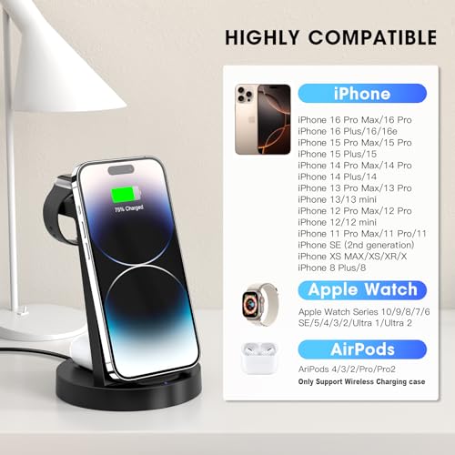 3 in 1 Charging Station for iPhone, Wireless Charger for iPhone 17 16e 16 15 14 13 12 11 X Pro Max & Apple Watch - Wireless Charging Station for AirPods 4 3 Pro