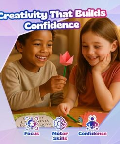 Pinwheel Crafts Flower Origami Kit for Kids Ages 8-12 | 150 Pcs Origami Paper Kit w/Multicolor Folding Papers, Chenille Stems,Buttons and Jewels, Arts and Crafts Paper Book for Kids Ages 6+