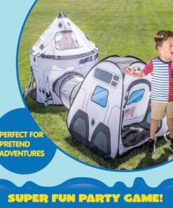 JOYIN White Rocket Ship Pop up Play Tent with Tunnel and Playhouse Kids Indoor Outdoor Spaceship Tent Set