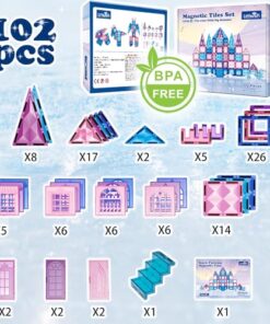 Little Pi 102pcs Frozen Princess Castle Magnetic Tiles Building Blocks - 3D Diamond Blocks, STEM Educational Toddler Toys for Pretend Play, 4 Year Old Girl Birthday Gifts Kids Ages 3 5 6 7 8 - Blue