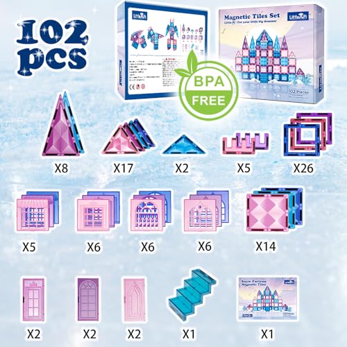 Little Pi 102pcs Frozen Princess Castle Magnetic Tiles Building Blocks - 3D Diamond Blocks, STEM Educational Toddler Toys for Pretend Play, 4 Year Old Girl Birthday Gifts Kids Ages 3 5 6 7 8 - Blue