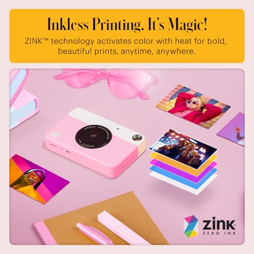KODAK Printomatic Full-Color Instant Print Digital Camera - Colorful Photos On Zink 2x3" Sticky-Back Photo Paper - 5MP, Portable, Creative Fun Gift for Birthday, Christmas, Holiday - Pink