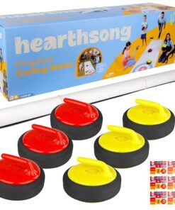 HearthSong Curling Zone – Indoor Battery Operated Hovering Curling Set – Fun Family Game for Kids and Adults – 6 Curling Stones and Floor Mat – Olympic Sport Party Game Equipment – Age 3+