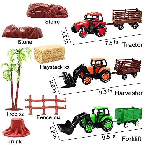 Kimicare 3 Pack Farm Toy Tractor with 40pcs Plastic Farm Animals Figurines and Fence Farm Playset, Farm Figures Farmer Vehicle Toy Truck with Trailer for 3-12 Years Old Kids Boys Girls Toddlers