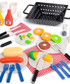 JOYIN 34 PCS Kitchen Toy Set, BBQ Play Grill, Cooking Toy Set, Little Chef Play, Kids Grill Playset Interactive BBQ for Kids with Light & Sound, Christmas Birthday Gift for Boys Girls