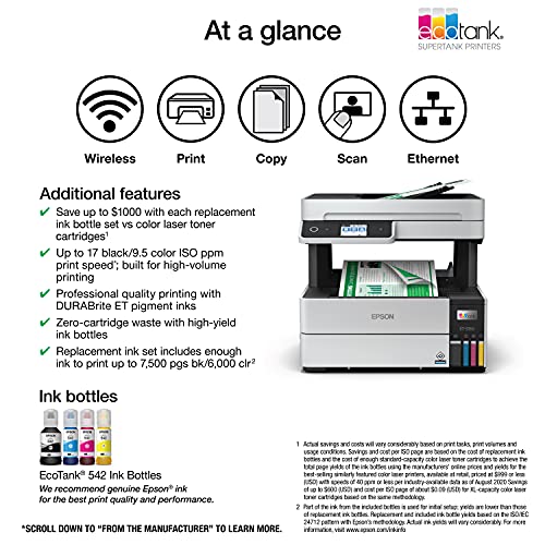 Epson EcoTank Pro ET-5150 Wireless Color All-in-One Supertank Printer with Scanner, Copier, Plus Auto Document Feeder, Large, White