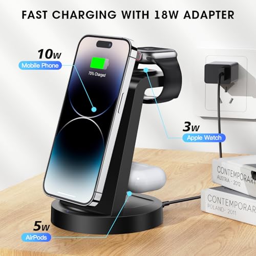 3 in 1 Charging Station for iPhone, Wireless Charger for iPhone 17 16e 16 15 14 13 12 11 X Pro Max & Apple Watch - Wireless Charging Station for AirPods 4 3 Pro