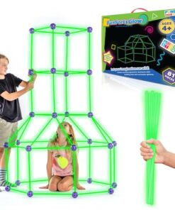 Fun Forts Glow Fort Building Kit for Kids - 81 Pack Glow in The Dark STEM Building Toys Indoor Outdoor Play Tent for Kids Construction Toys with 53 Rods and 28 Spheres
