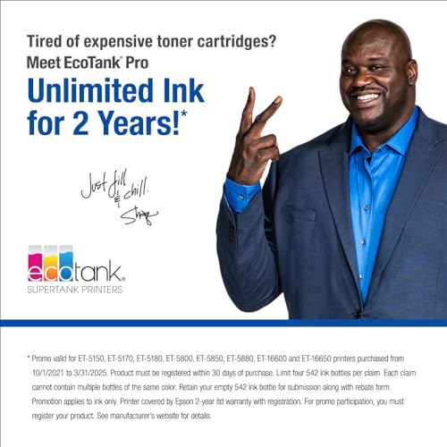 Epson EcoTank Pro ET-5150 Wireless Color All-in-One Supertank Printer with Scanner, Copier, Plus Auto Document Feeder, Large, White