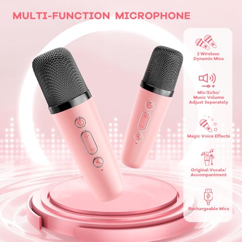 Mini Karaoke Machine for Kids Adults, Bluetooth Speaker with 2 Wireless Microphones, TOP Christmas Birthday Gifts Toys for Girls Ages 3, 4, 5, 6, 7, 8, 9,10,11,12+ Years Old Toddler (Lightpink)