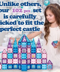 Little Pi 102pcs Frozen Princess Castle Magnetic Tiles Building Blocks - 3D Diamond Blocks, STEM Educational Toddler Toys for Pretend Play, 4 Year Old Girl Birthday Gifts Kids Ages 3 5 6 7 8 - Blue