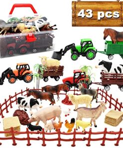 Kimicare 3 Pack Farm Toy Tractor with 40pcs Plastic Farm Animals Figurines and Fence Farm Playset, Farm Figures Farmer Vehicle Toy Truck with Trailer for 3-12 Years Old Kids Boys Girls Toddlers