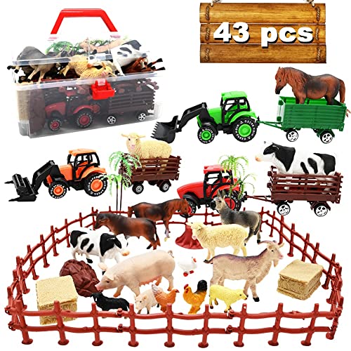 Kimicare 3 Pack Farm Toy Tractor with 40pcs Plastic Farm Animals Figurines and Fence Farm Playset, Farm Figures Farmer Vehicle Toy Truck with Trailer for 3-12 Years Old Kids Boys Girls Toddlers