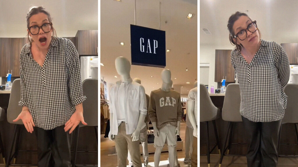 Woman using her hands to point at her pants(l) GAP sign above display mannequins(c) Woman looking concerned(r)